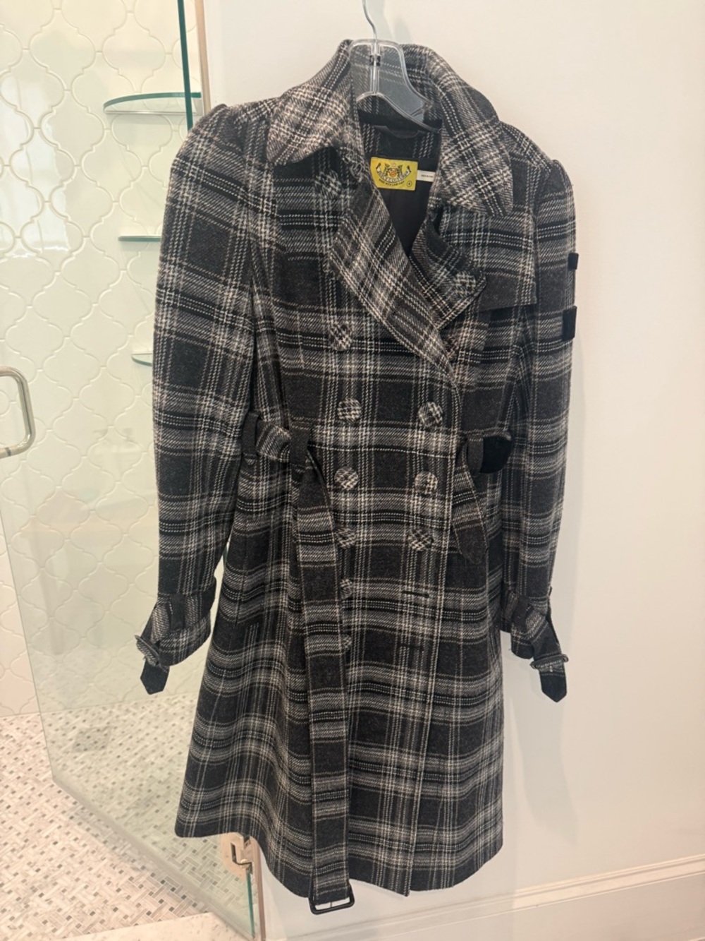 Vintage Juicy Couture Black & Gray Plaid Double-Breasted Trench Coat